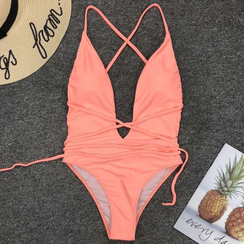 Halter Neon Deep V Swimsuit Women Monokini String Bathing suit Sexy Push Up Swimwear one piece Bodysuits High cut Bikini Women