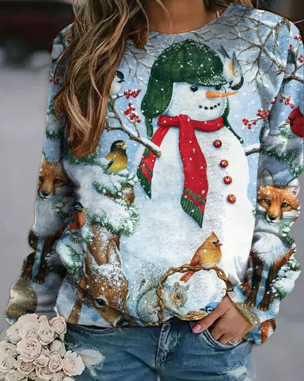 Christmas Snowman Bird Casual Long Sleeve Top-