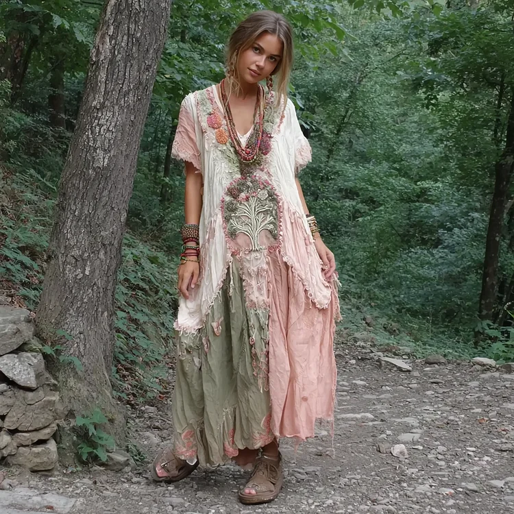 Women's Vintage Tree Of Life Patchwork Linen Dress