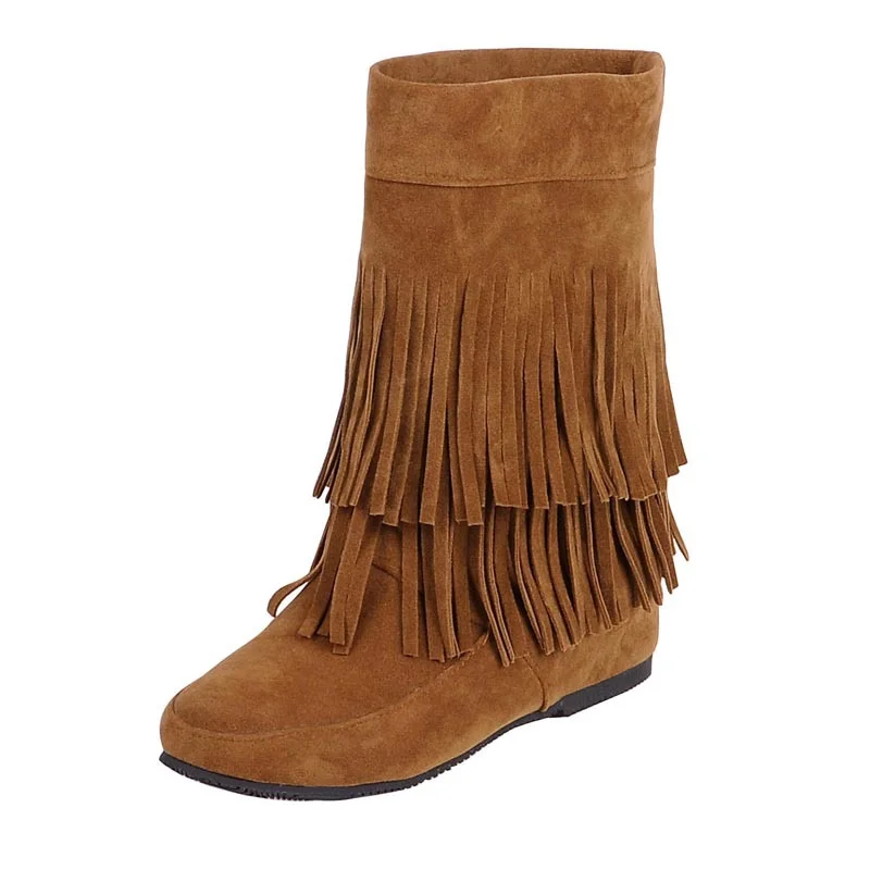 Women's Round Toe Fashion Frosted Suede Double-Layer Fringed Mid-Tube Short Mid Calf boots Novameme