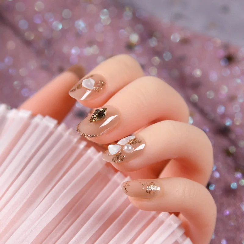 24pcs Nude Color Nude Color Gold Foil acrylic nail pre decoration Wearable Round Head Fake Nails with Glue Girls Hands Deco TY