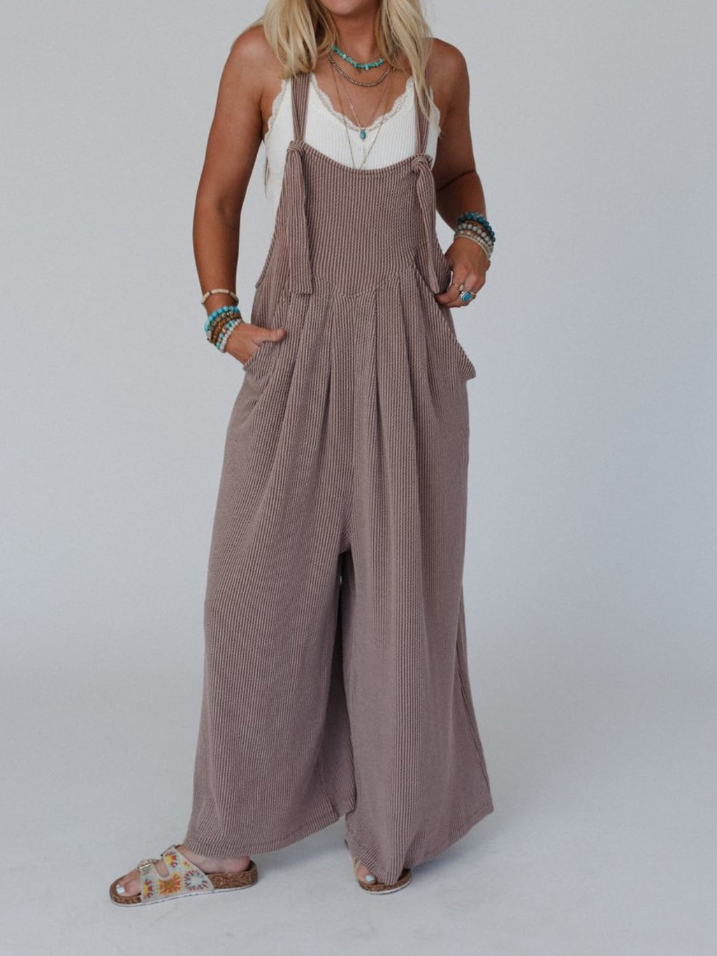 Strap Sleeveless Large Pocket Harem Corduroy Jumpsuit