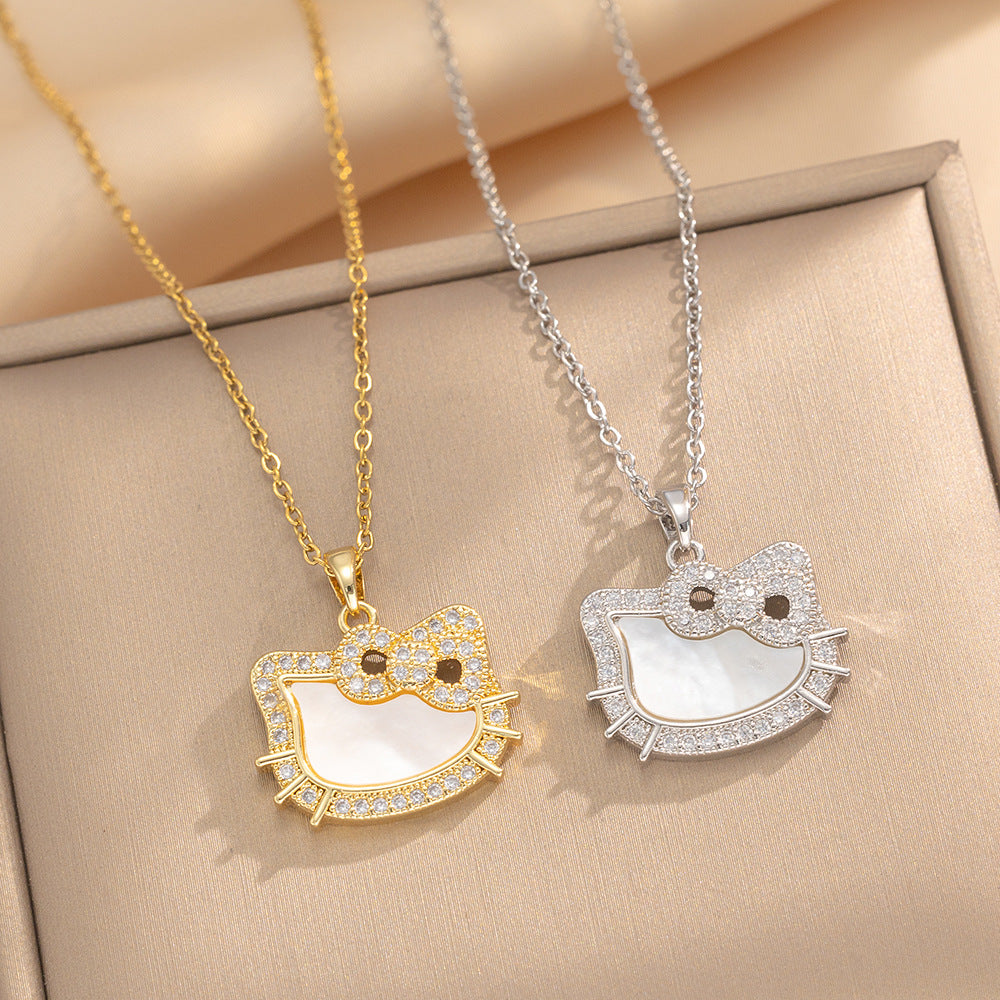 Bow Cat Gorgeous Full Diamond Necklace Women’S Versatile Clavicle Chain Titanium Steel Chain