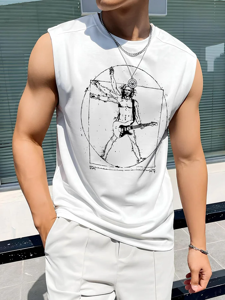Men's The Vitruvian Man Rock And Roll Print Cotton Tank Top