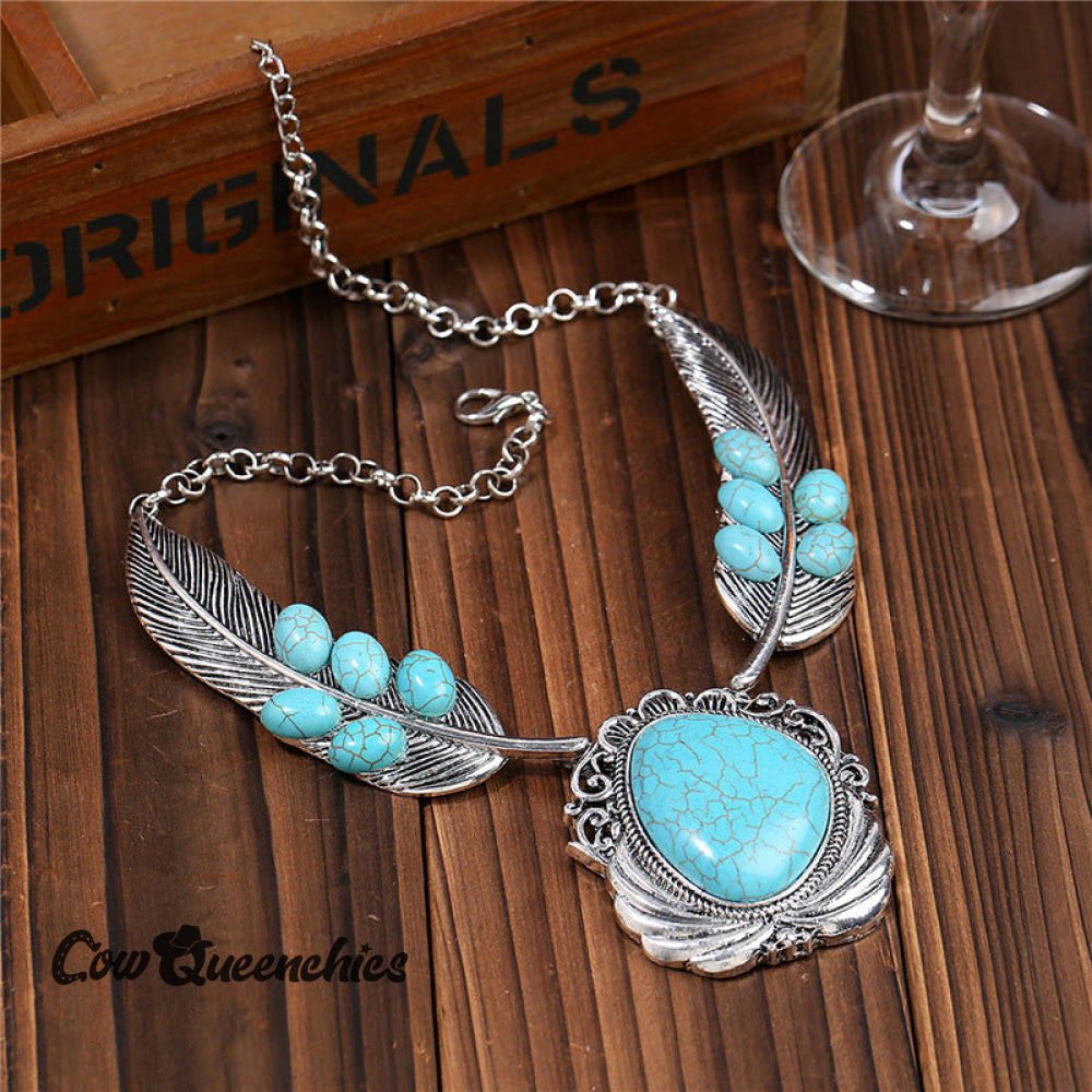 Feather Turquoise Necklace Blue / Round