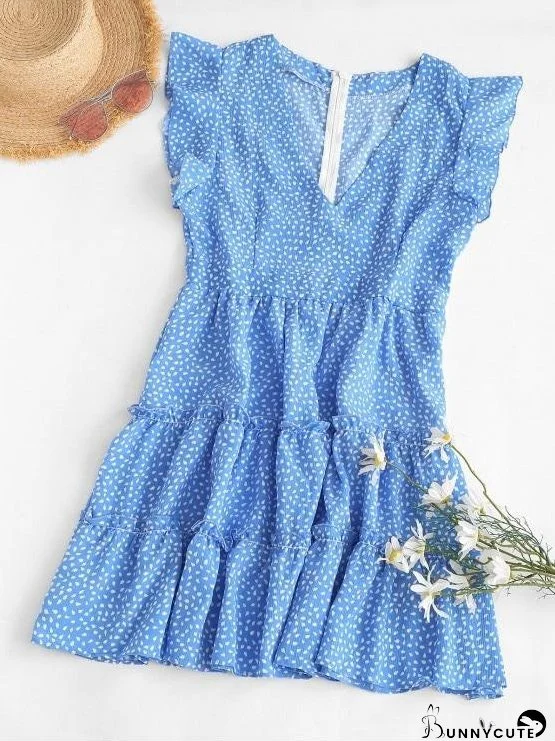 Flutter Sleeve Raindrop Print Mini Dress