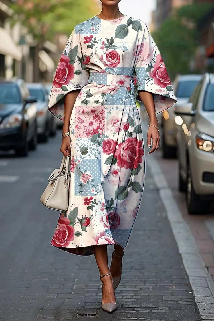 Women's Vintage Elegant Floral Print Midi Dress