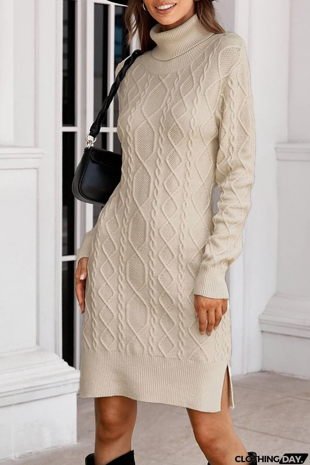 Turtleneck Pullover Textured Pattern Bodycon Sweater Dress with Slits