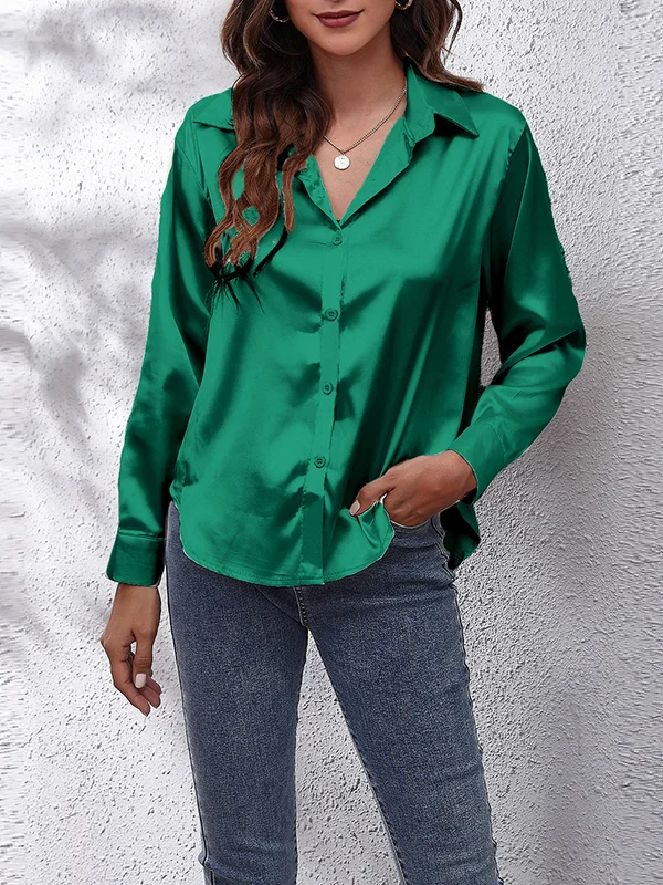 Solid Color Loose Long Sleeves Lapel Blouses&Shirts Tops