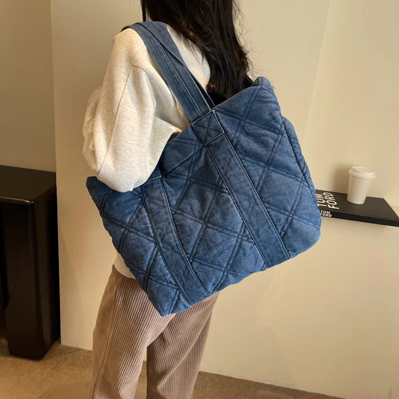Ina Style Japanese Style Denim Single Shoulder Bag Rhombus Design Fashionable Rui Camp Hand Bag Women’s Bag Underarm Tote Bag