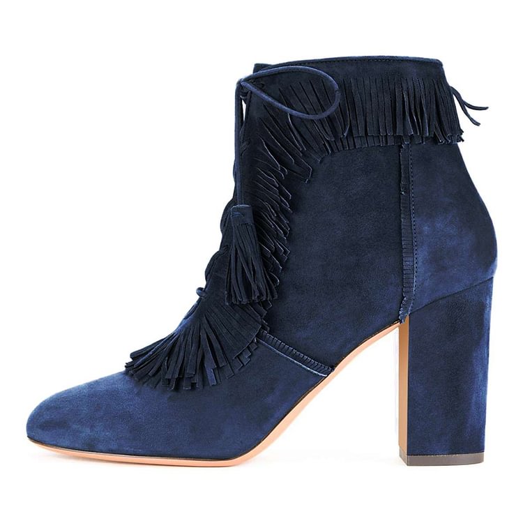 Blue Suede Chunky Heel Lace Up Tassel Fringe Boots |FSJ Shoes