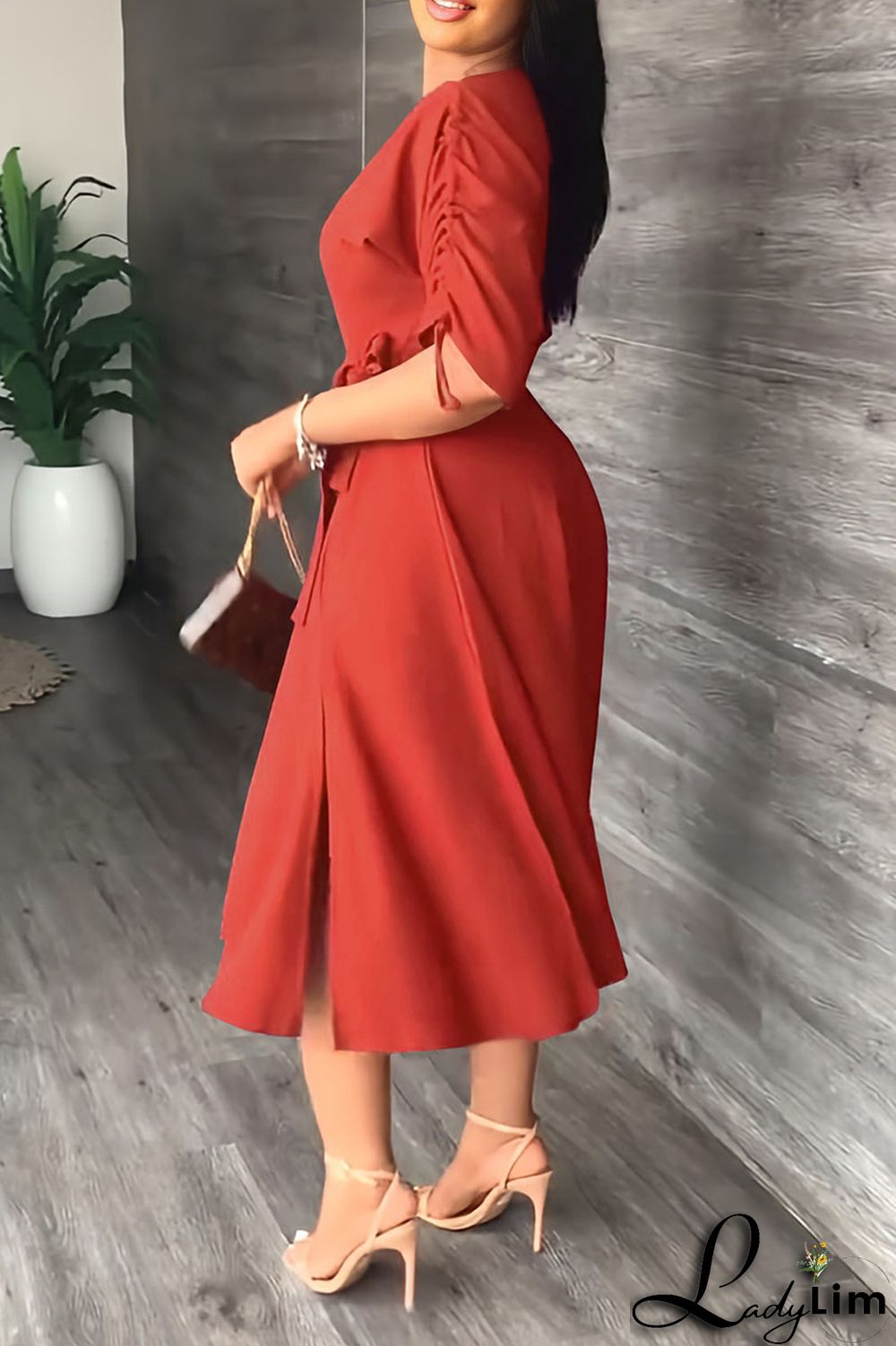 Red Casual Elegant Solid Patchwork Draw String Fold Oblique Collar Dresses