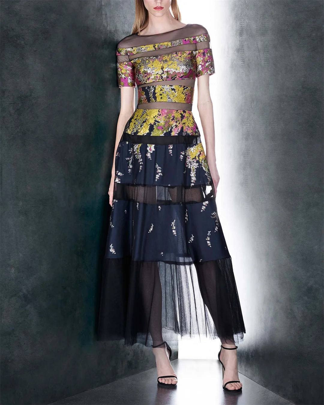 Women's Round Neck Short Sleeve Mesh Stitching Dress