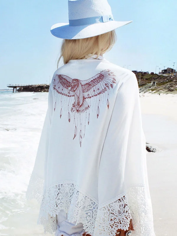 Eagle Print On Back Sexy Cardigan Loose Vacation Cover-Up Swimwear