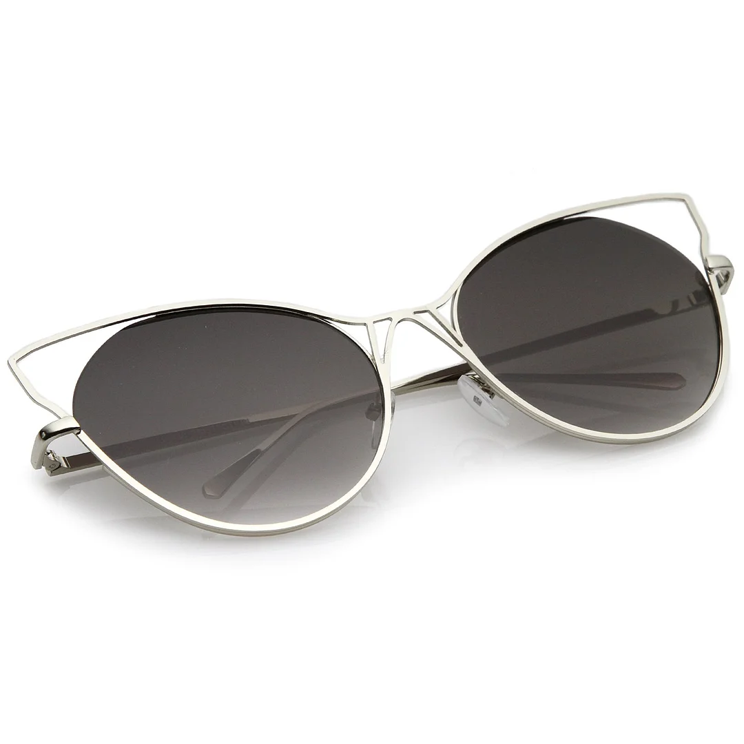 Women's Open Metal Slim Temple Neutral Colored Flat Lens Oversize Cat Eye glasses 60mm