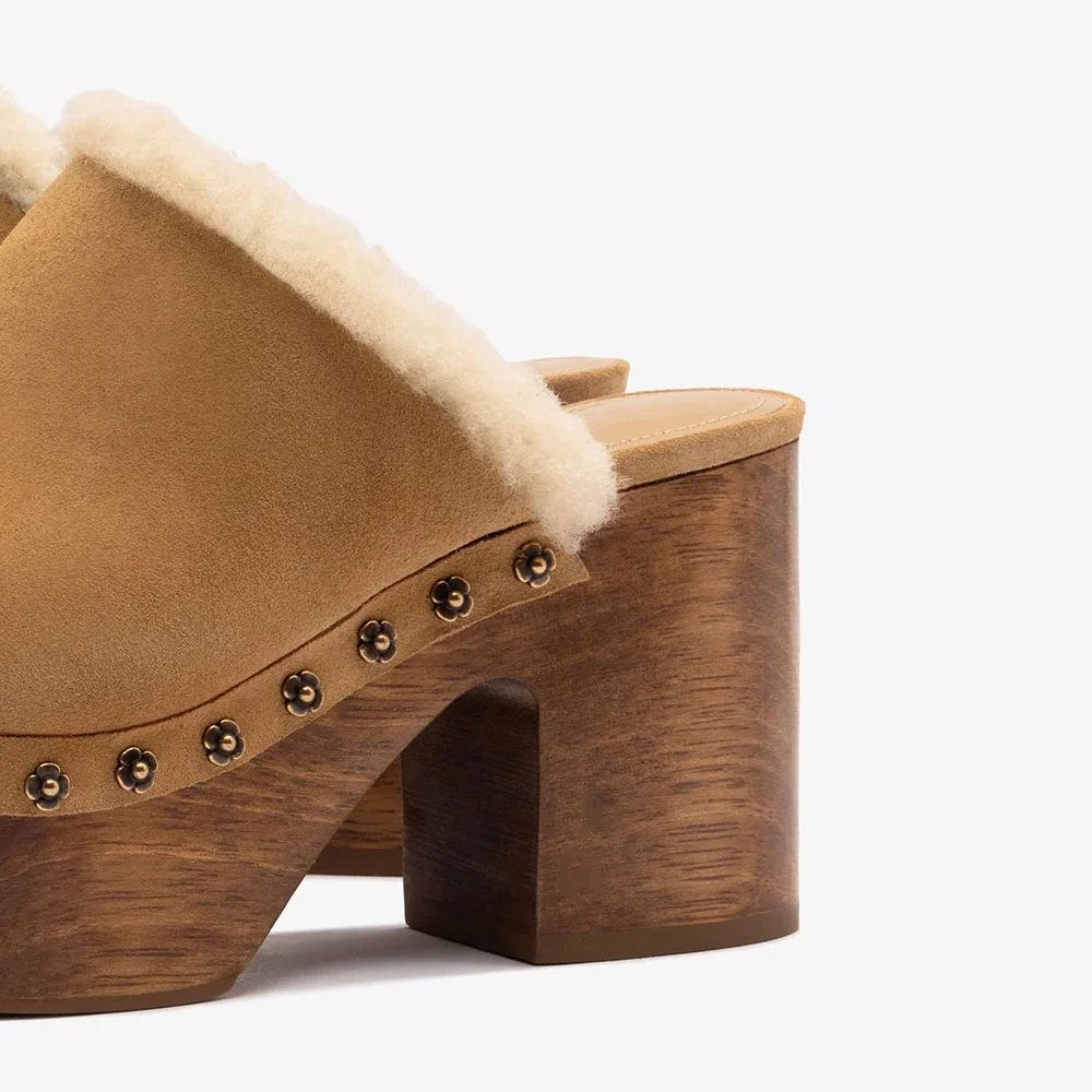 Tan Block Heel Platform Floral Studded Vegan Wool Mules for Women