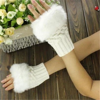 CUHAKCI Half Finger Woolen Winter Gloves Women Knitted Warm Mittens Long Imitation Rabbit Hair Lovely Fur Patchwork