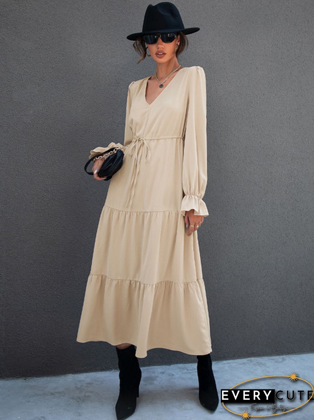 V Neck Drawstring Waist Flounce Sleeve Dress