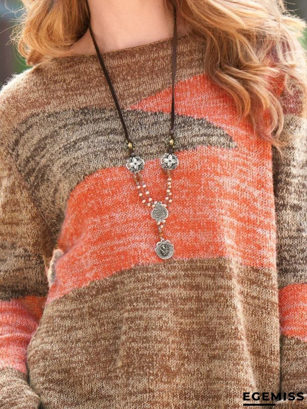 Brown Cotton Crew Neck Long Sleeve Plus Size Sweater | EGEMISS