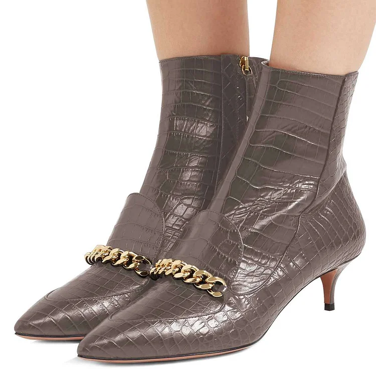 Dark Grey Kitten Heel Boots Pointy Toe Chains Ankle Boots |FSJ Shoes