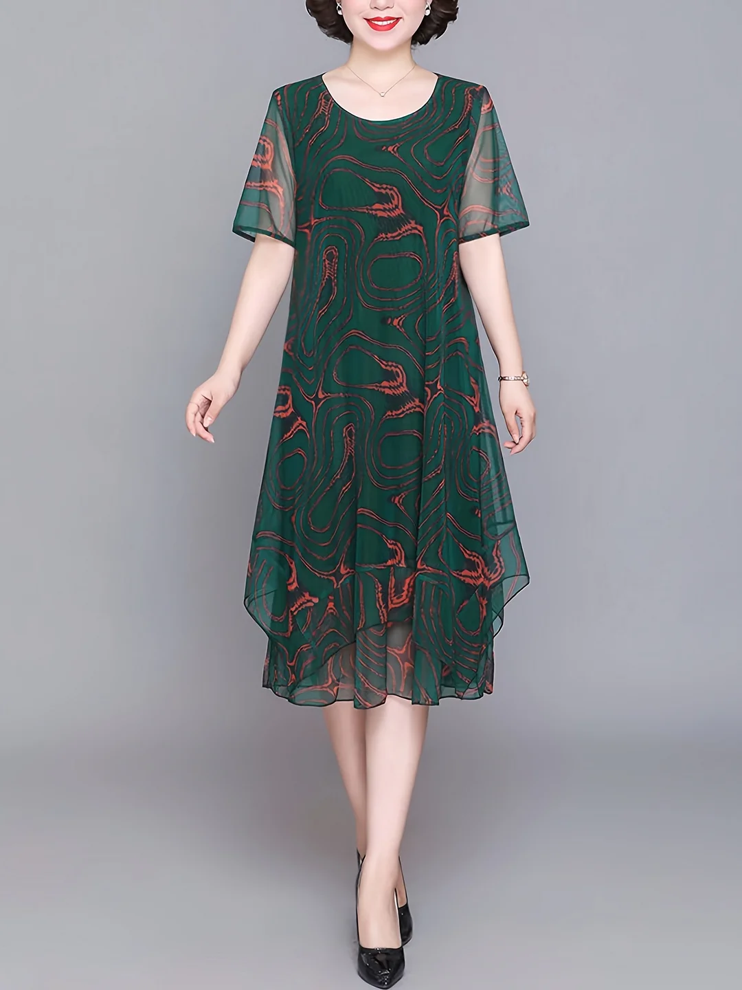 Blyzoon Women's Elegant Floral Mesh Print Short Sleeve Dress - Knee-Length, Round Neck, Lightweight Summer Dress With Flared Hem, Perfect For Casual Or Chic Outfits, Summer Fashion, Flowy Fabric | IFYHOME