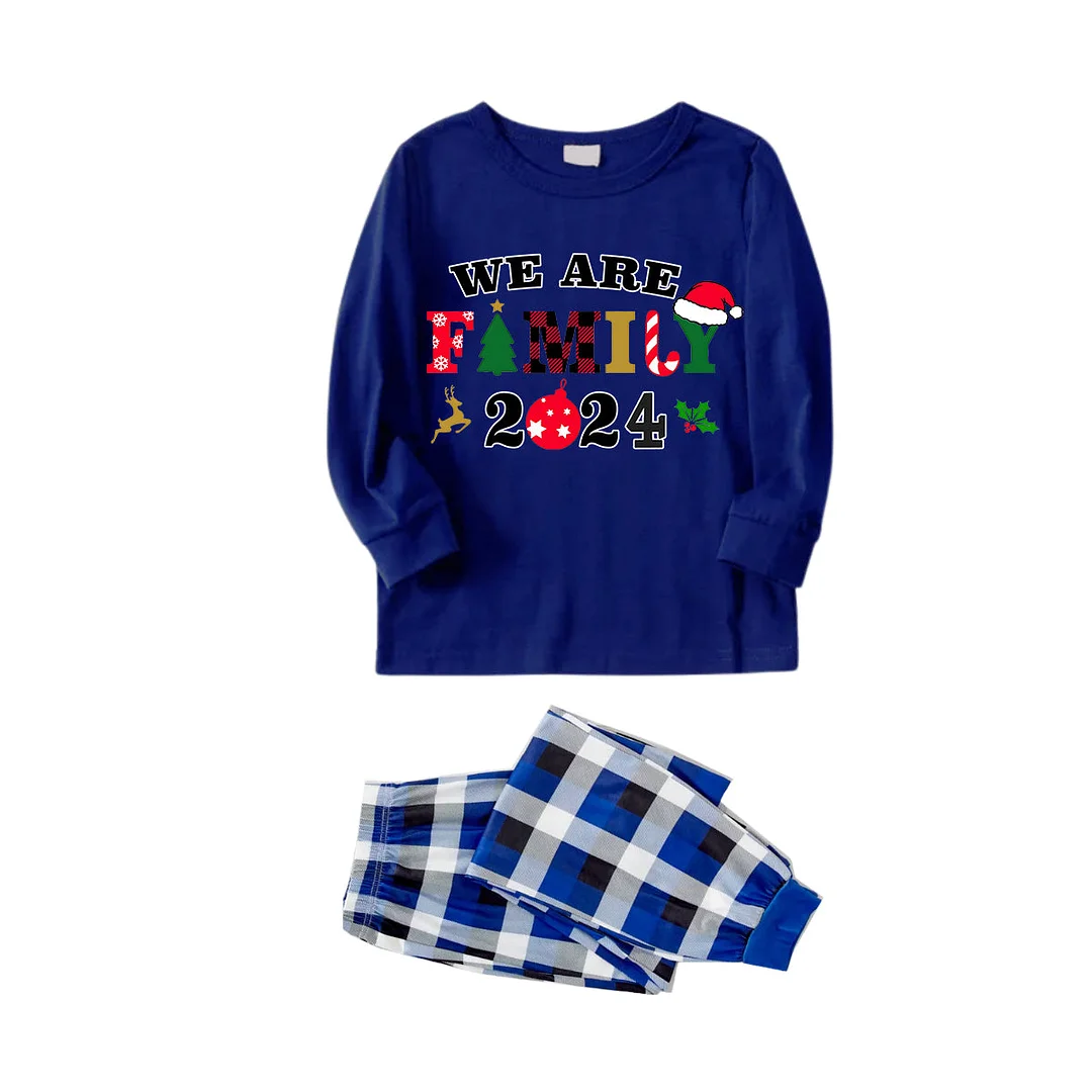 2024"We Are Family" Colorful Monogram Prints Contrast Blue Long Sleeve with Versatile Blue and White Plaid Pants Family Matching Pajamas