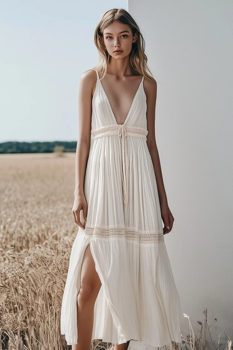 V Neck Gathered Hem Lace Trim Vacation Maxi Slip Dresses-Beige [Pre Order]
