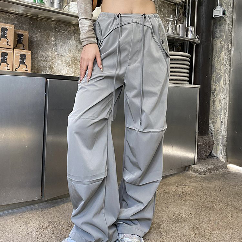OLCooL Y2K Aesthetic Cargo Pants Women High Waist Drawstring Casual Straight Pants Vintage Streetwear All Match Wide Leg Trousers olcool