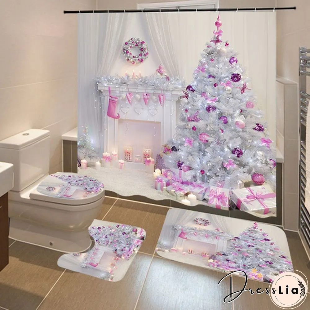 Fairy Tale Christmas Theme Shower Curtain Set Bathroom Decoration Waterproof Toilet Cover