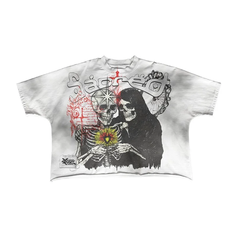 Aonga Y2K cotton hip-hop simple classic print design O-neck white T-shirts women vintage summer fashion trend couple sports baggy tops aonga