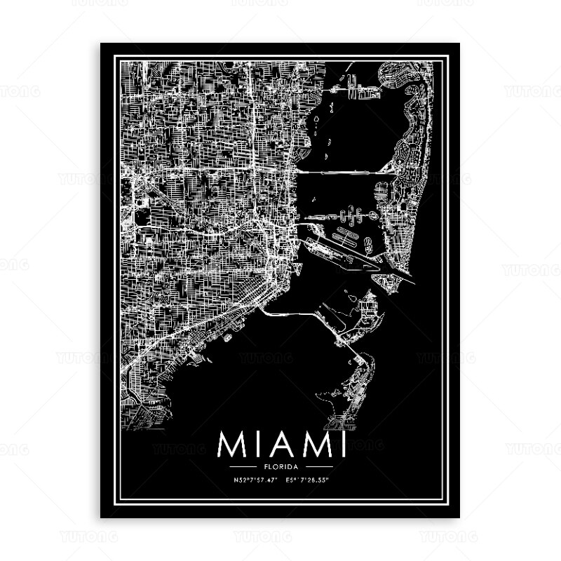 Custom map poster MIAMI city map black and white print canvas painting for living room home decoration декор комнаты