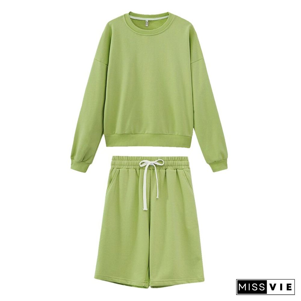 Toppies Women Two Piece Set Tracksuits O-Neck Sweatshirts Elastic High Waist Bermuda Solid