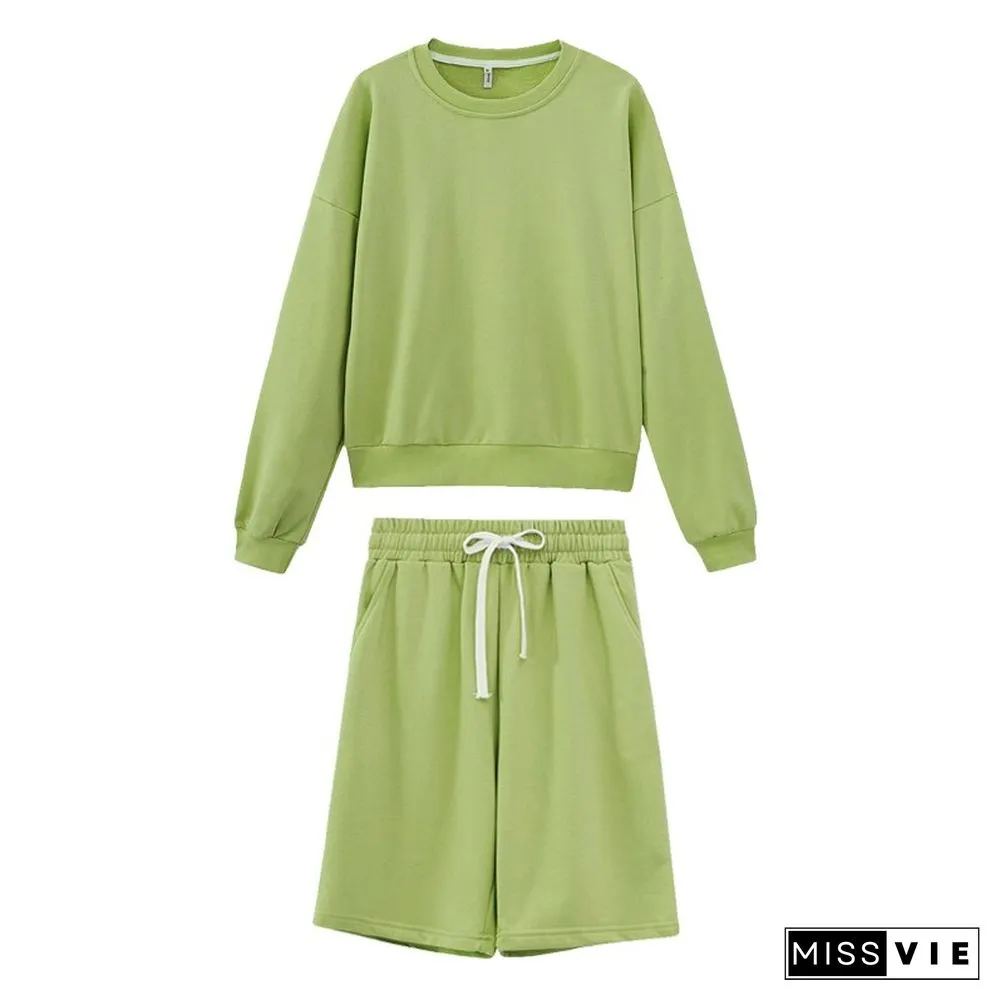 Toppies Women Two Piece Set Tracksuits O-Neck Sweatshirts Elastic High Waist Bermuda Solid