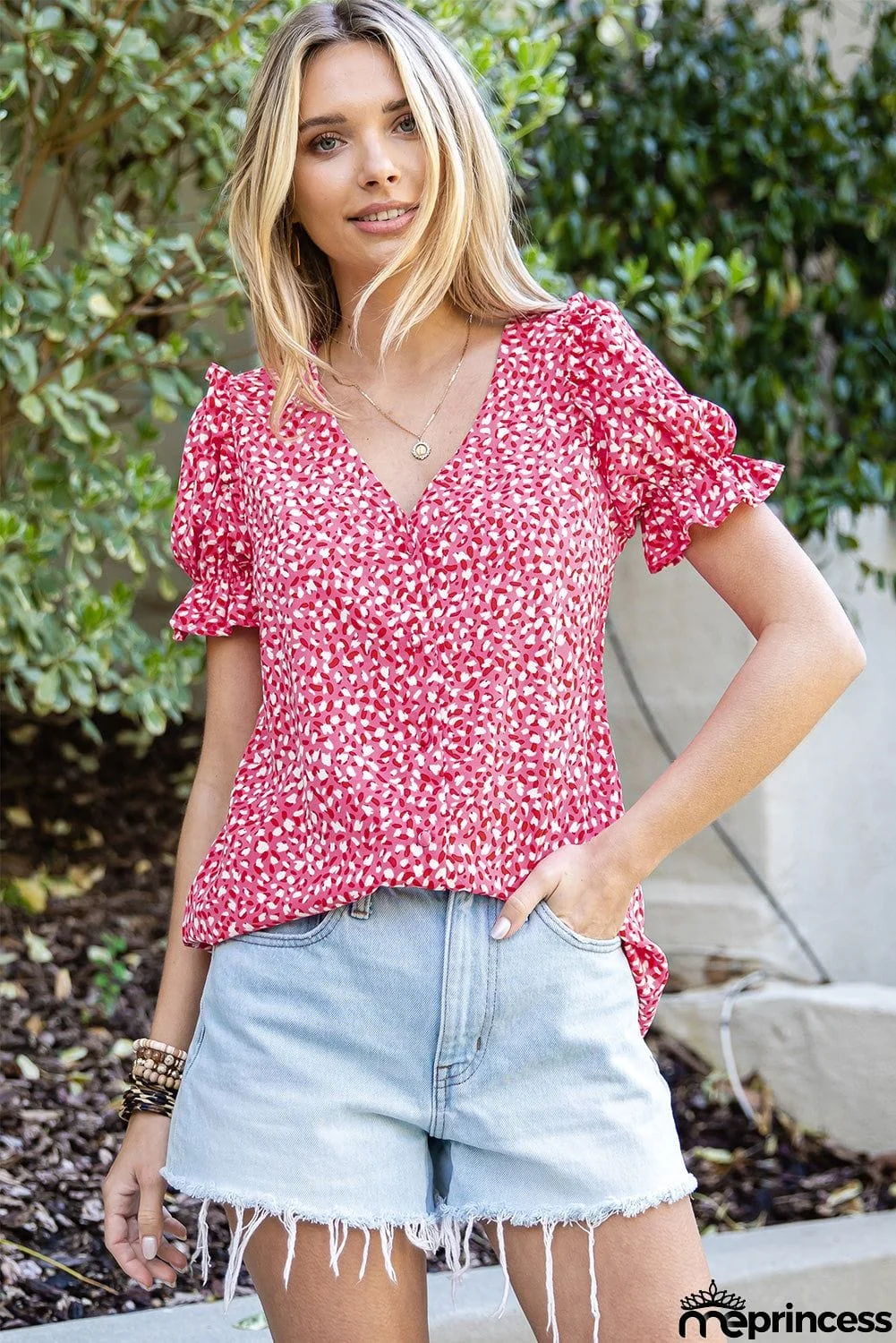 Printed Flounce Sleeve Plunge Blouse