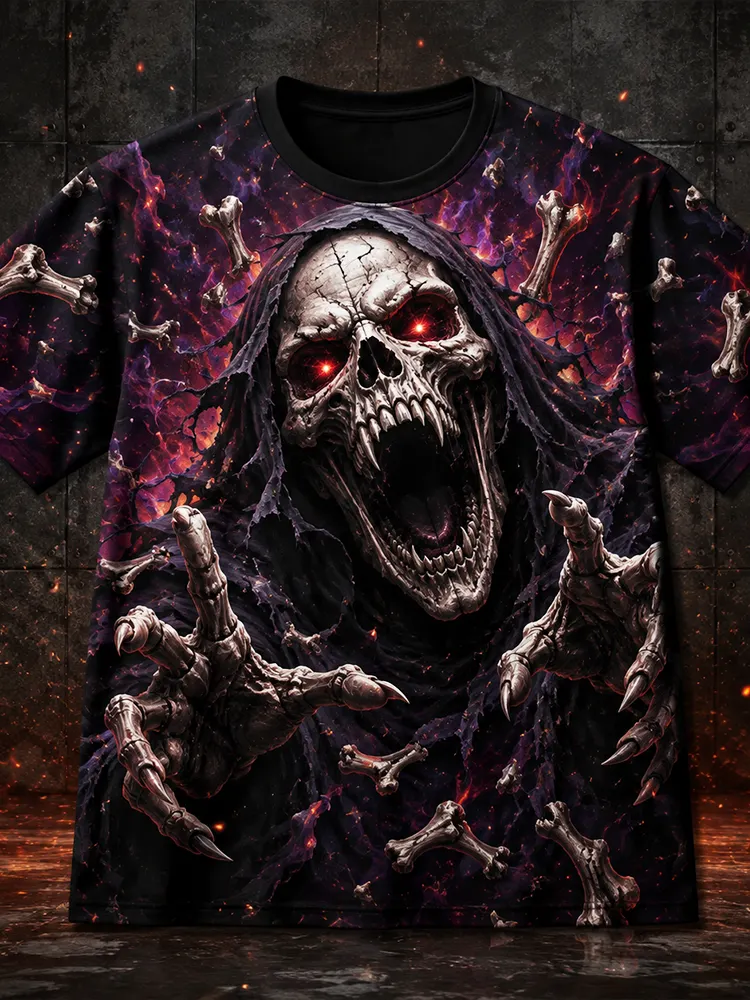 Men's Horror Graphic T-shirt - Screaming Red-eyed Reaper With Floating Bones And Fire Print Tee