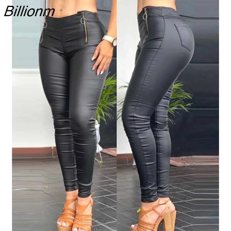 Billionm Women High Waist PU Leather Pants Zipper Pocket Design Skinny ...