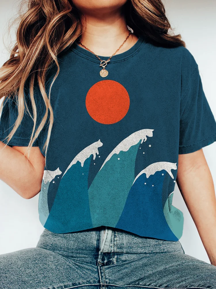 Wave Cat Japanese Art Washed Cotton Short Sleeve T-Shirt
