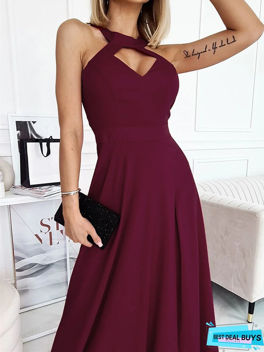 Solid Color Sleeveless Waist Dress Full Skirt