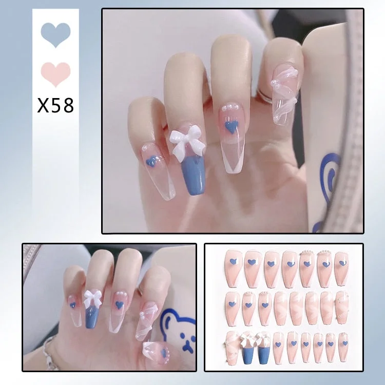 Aurora Transparent Fake Nails Tips for Finger Wear Crystal Ice Clear Butterfly Press on Nails Long Bow Ballet Diamond False Nail-Nail Inspo