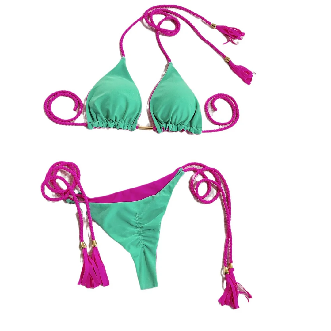 Wongn Wongn Female Hot Girl Bikini Split Sexy Triangle Double Sided Collision Color Beach Bikini Swimsuit Three Point Type