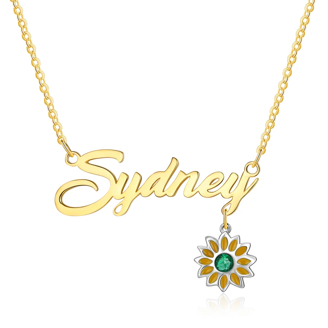 Personalized Sunflower Name Necklace with Birthstone Necklace