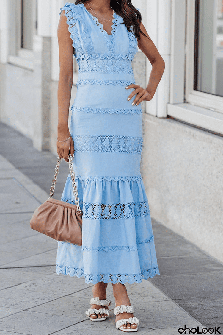 Casual Patchwork Lace V Neck Trumpet Mermaid Dresses