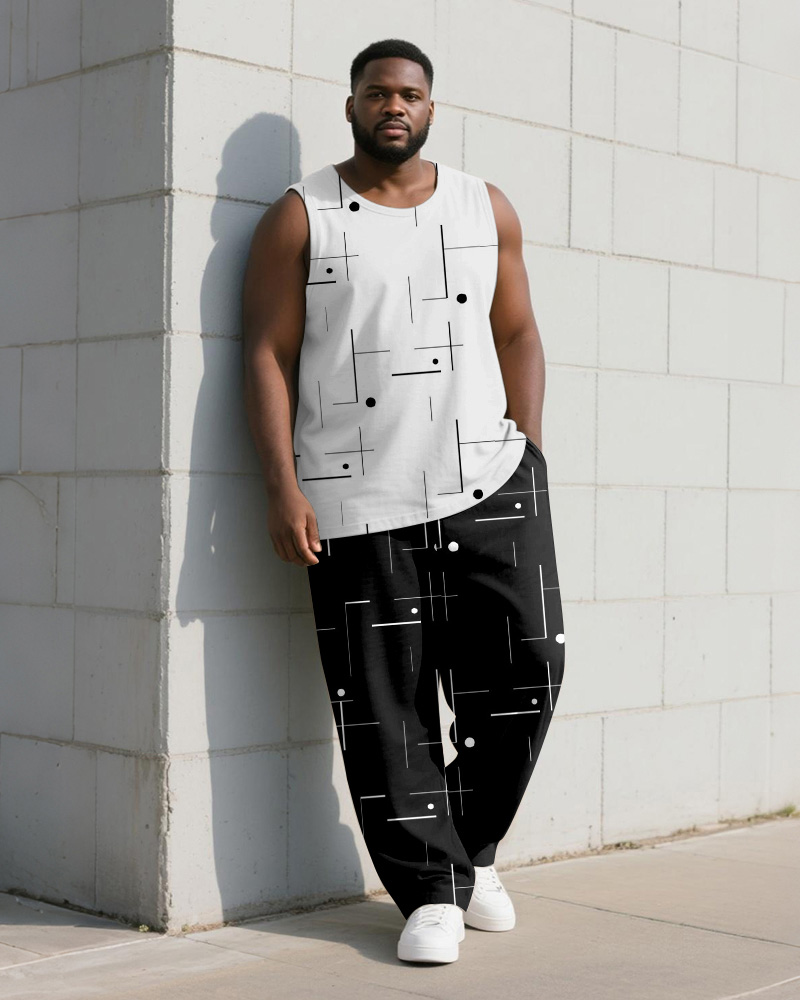 Big & Tall Men's Black And White Geometric Line Print Vest Trousers Suit