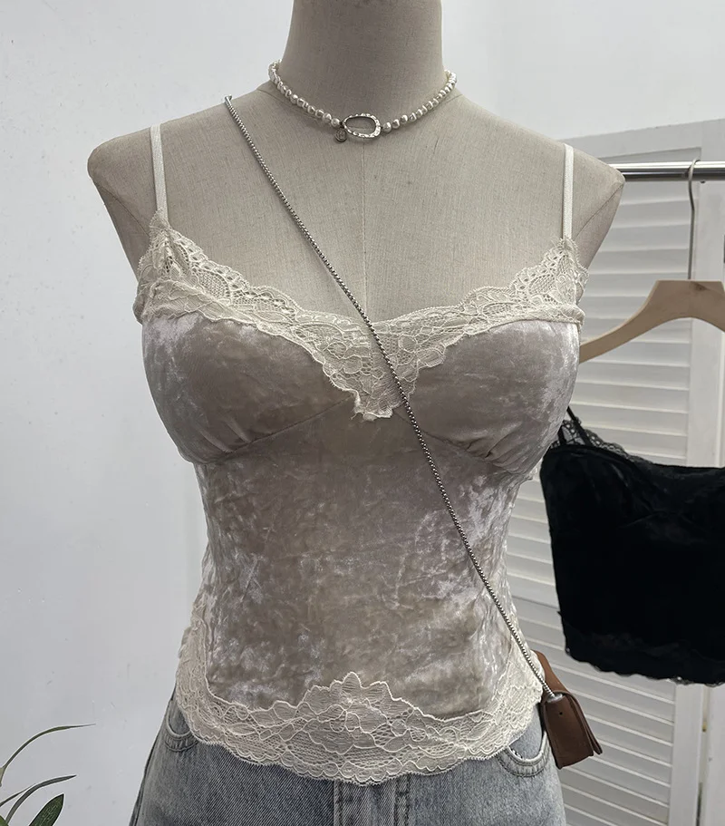 Uveng Set Up The Coat Series Velvet Lace Lace Sling With Chest Pad Wear Vest Top 9186