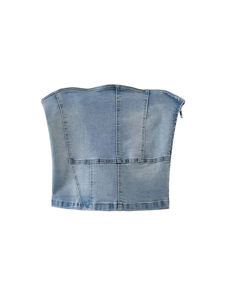 Nncharge TRAF Women Fashion Side Zipper Denim Crop Camis Bustier Tops Vintage Backless Sexy Tanks Female Camis Mujer