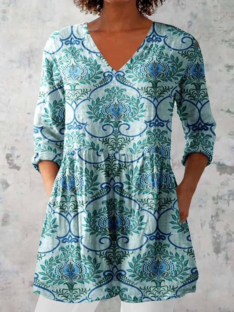 Women's Classic Retro Round Neck Floral Pattern Cotton and Linen Top