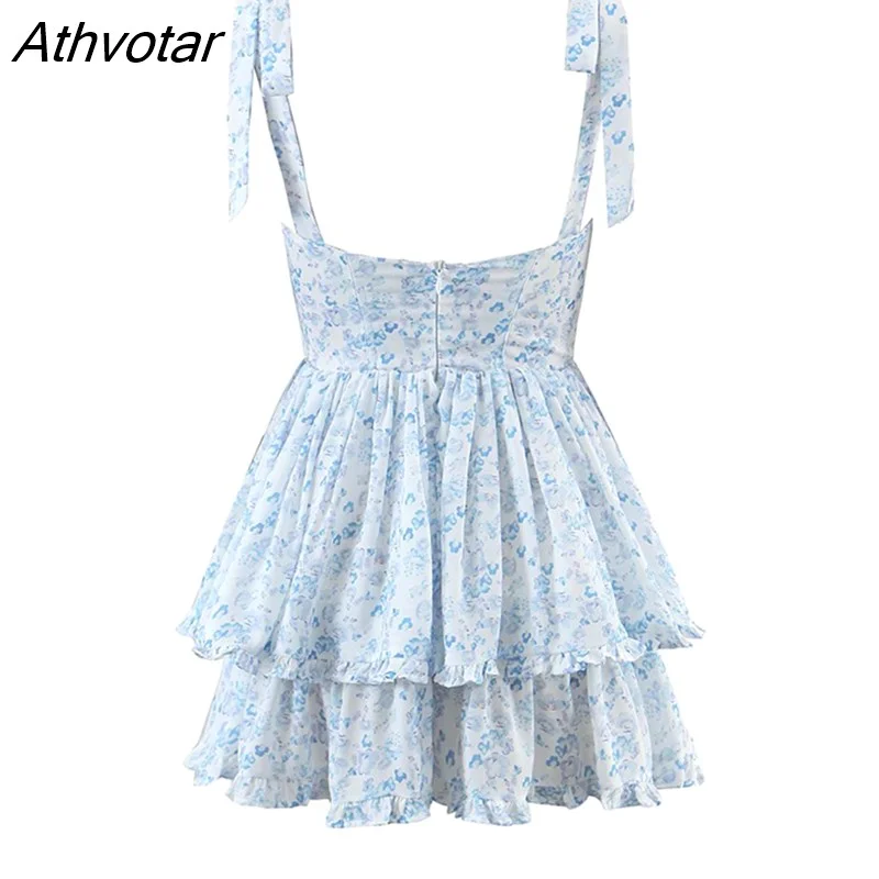 Athvotar Fashion Women Spaghetti Strap Ruffle Cake Chiffon Dress Sexy Ladies Floral Print Holiday Party Mini Dress Summer Robe