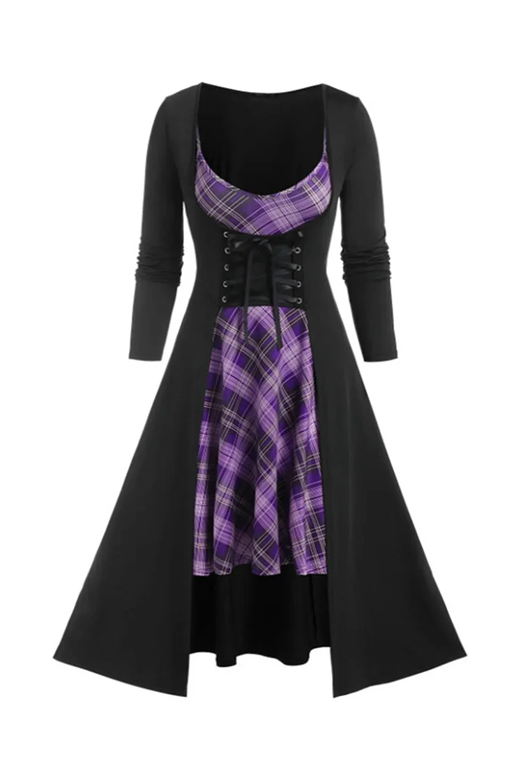 Gothic Plus Size Purple Party Lace Up Plaid Tunic Two Pieces Dress Set