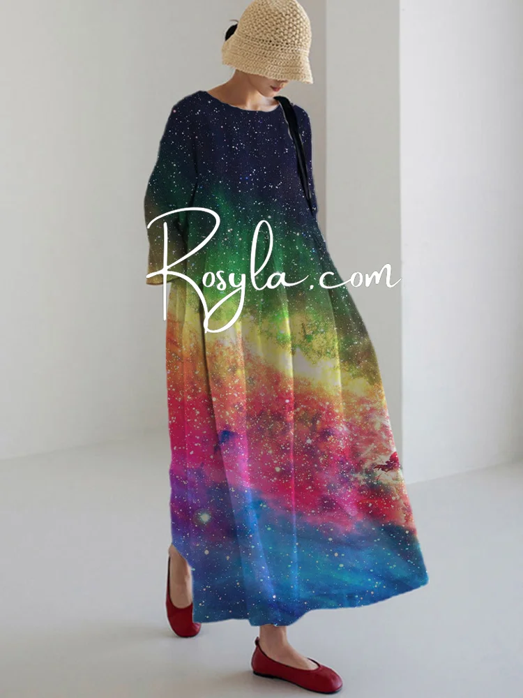Women's Casual Starry Sky Print Long Sleeve Midi Dress