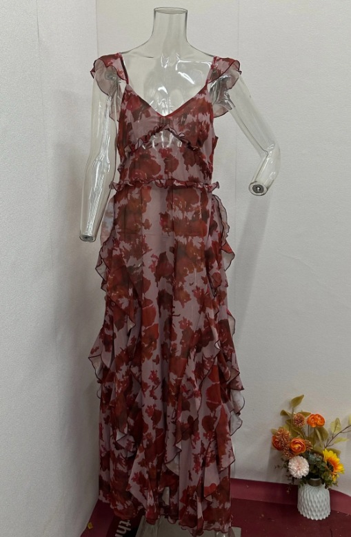 Mapsjack Sexy Deep V-neck Backless Flying Sleeves High Waist Ruffles Long Flowers Print Dark Red Dress